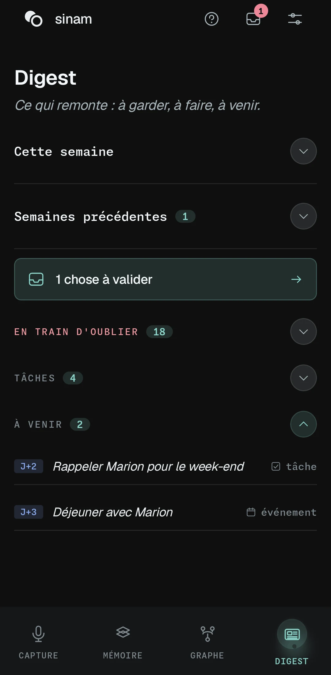 L'onglet Digest de sinam : ce qui est en train de s'oublier, les tâches et ce qui arrive.